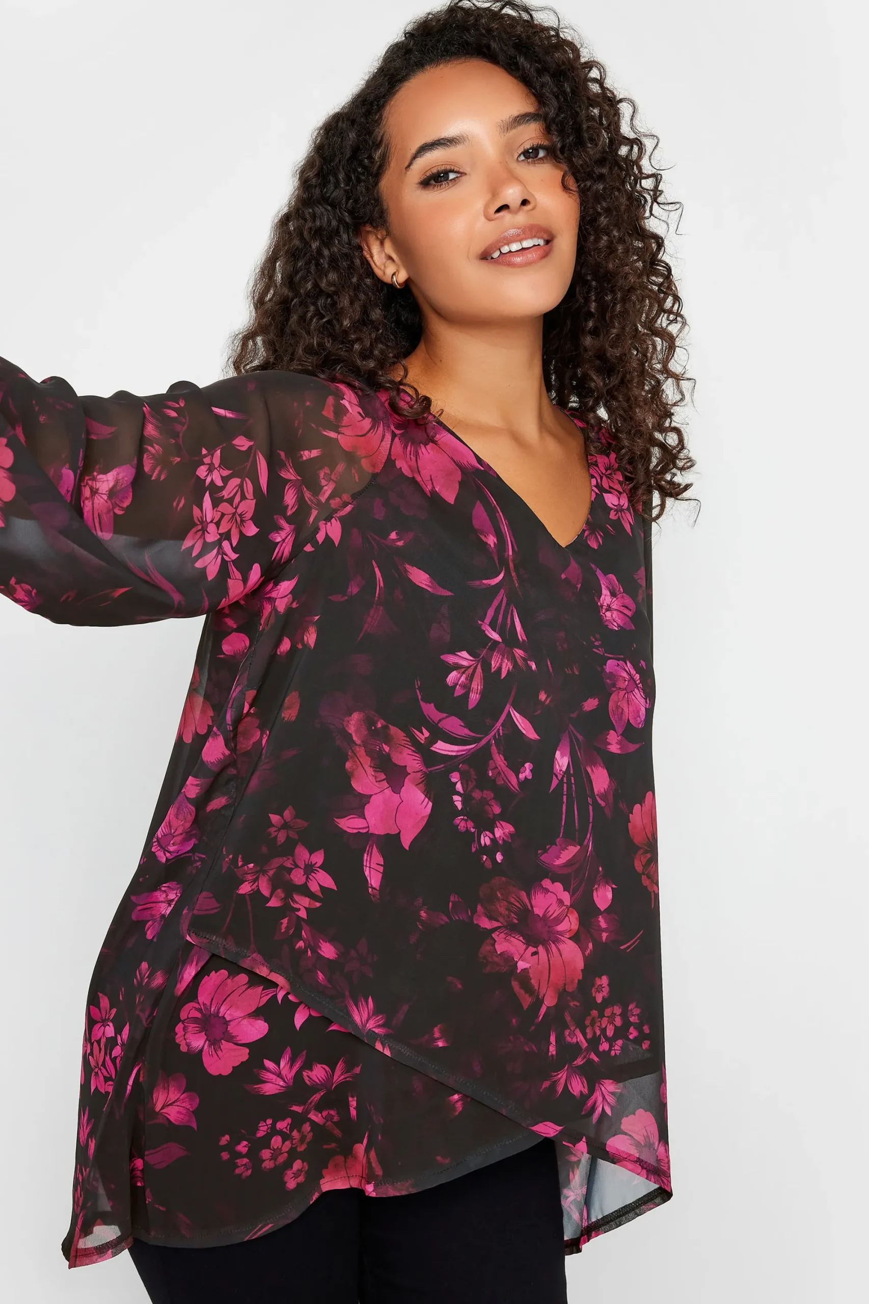 M&Co Womens Black Floral Print Wrap Hem Blouse>Women Long Sleeve Tops