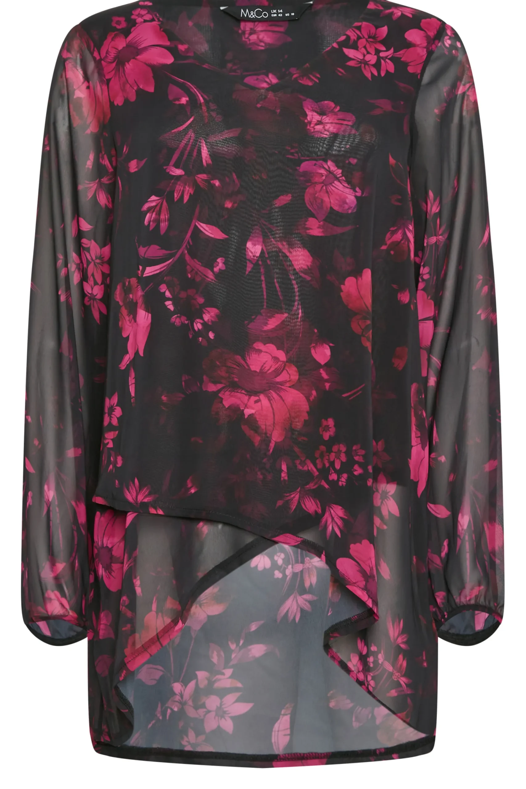 M&Co Womens Black Floral Print Wrap Hem Blouse>Women Long Sleeve Tops