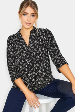 M&Co Womens Black Floral Print Half Placket Jersey Shirt>Women Shirts