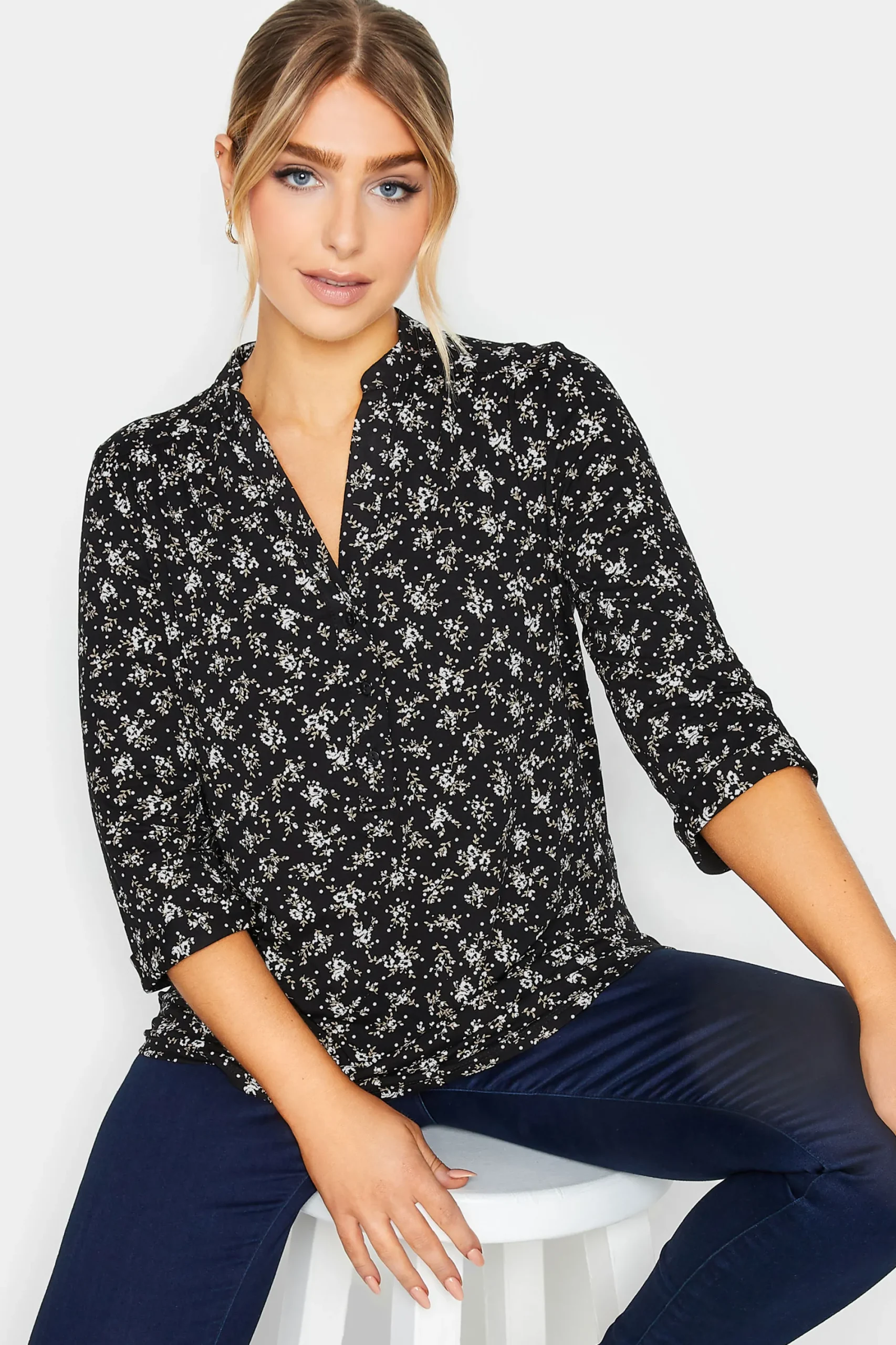M&Co Womens Black Floral Print Half Placket Jersey Shirt>Women Shirts