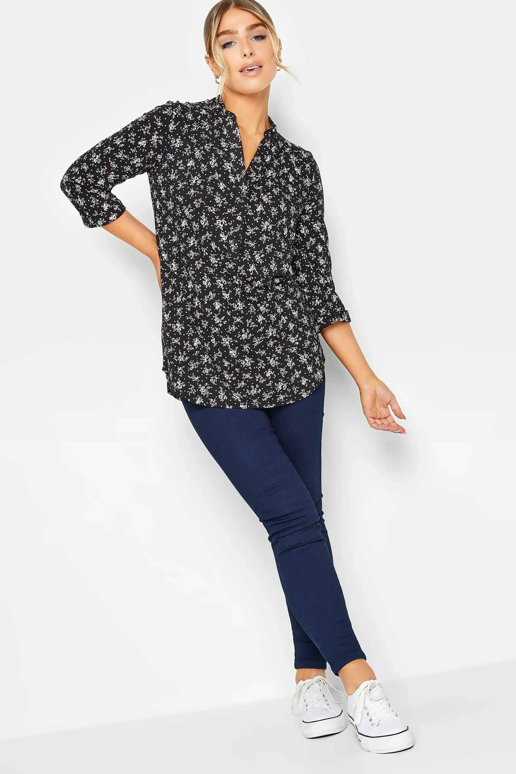 M&Co Womens Black Floral Print Half Placket Jersey Shirt>Women Shirts
