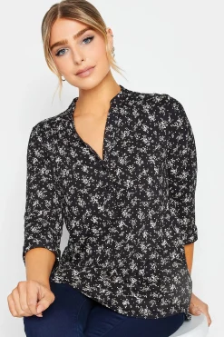 M&Co Womens Black Floral Print Half Placket Jersey Shirt><noscript><img width=