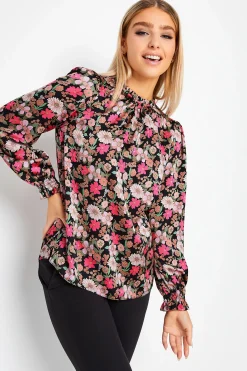 M&Co Womens Black Floral Print Frill Neck Blouse>Women Long Sleeve Tops