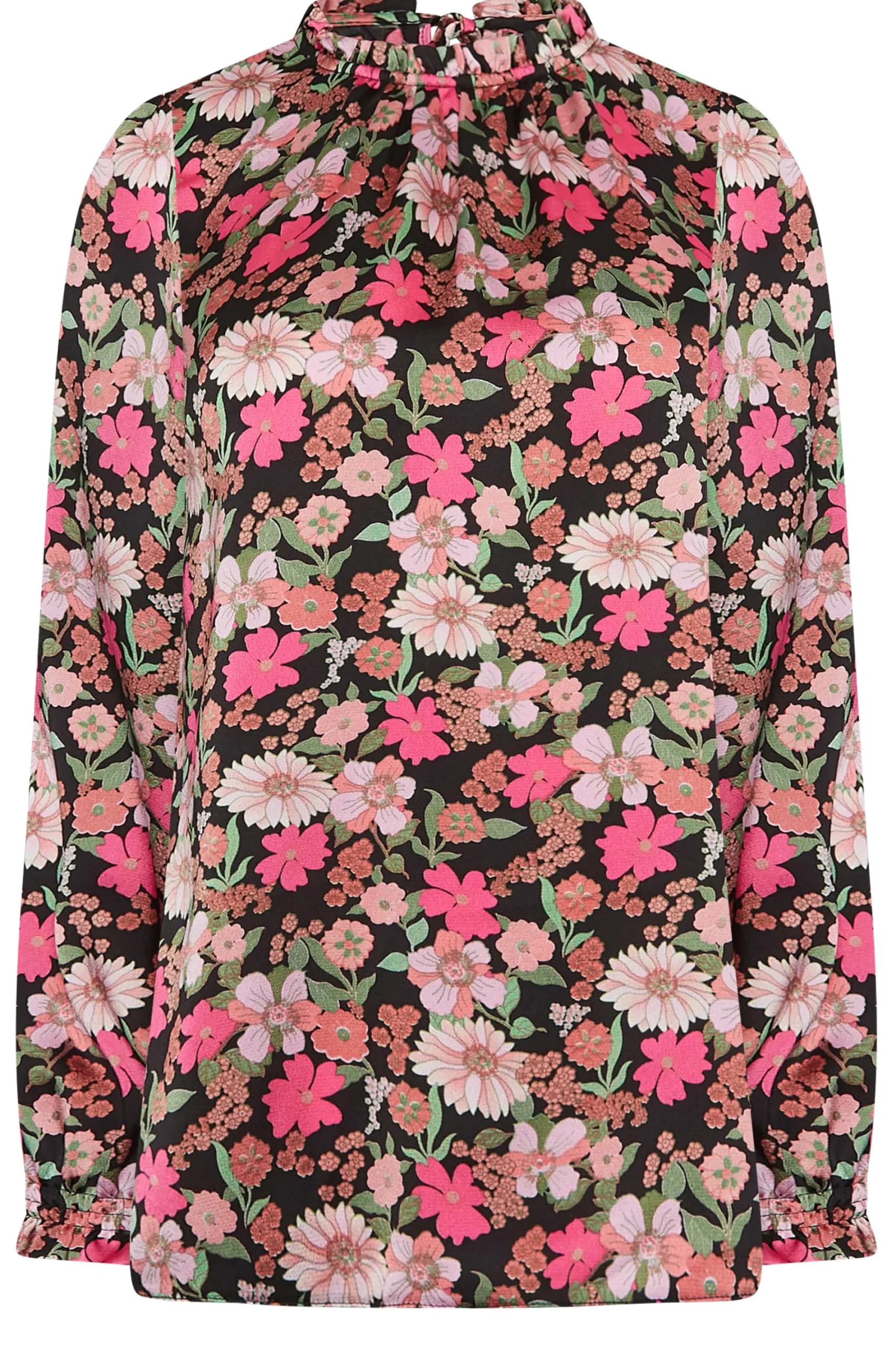 M&Co Womens Black Floral Print Frill Neck Blouse>Women Long Sleeve Tops