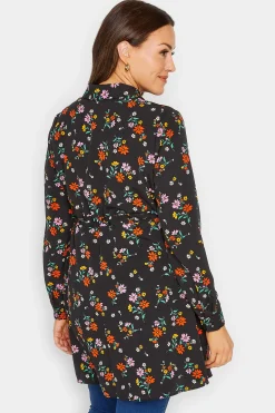 M&Co Womens Black Floral Print Tie Waist Tunic Shirt><noscript><img width=