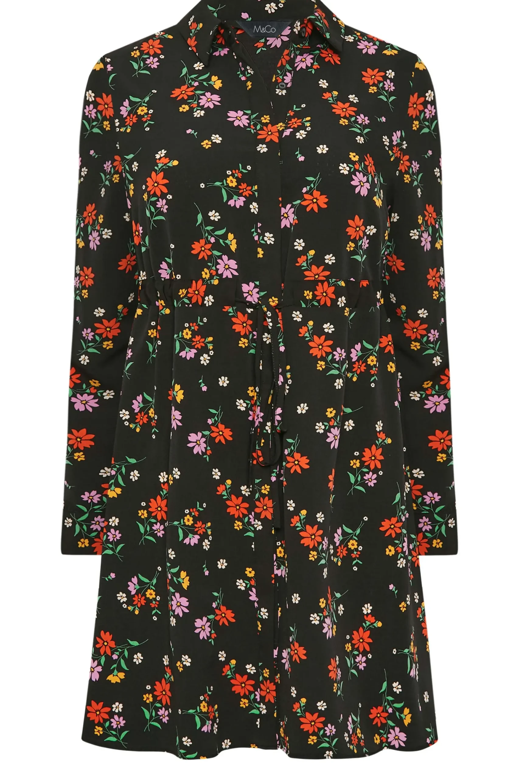 M&Co Womens Black Floral Print Tie Waist Tunic Shirt>Women Shirts
