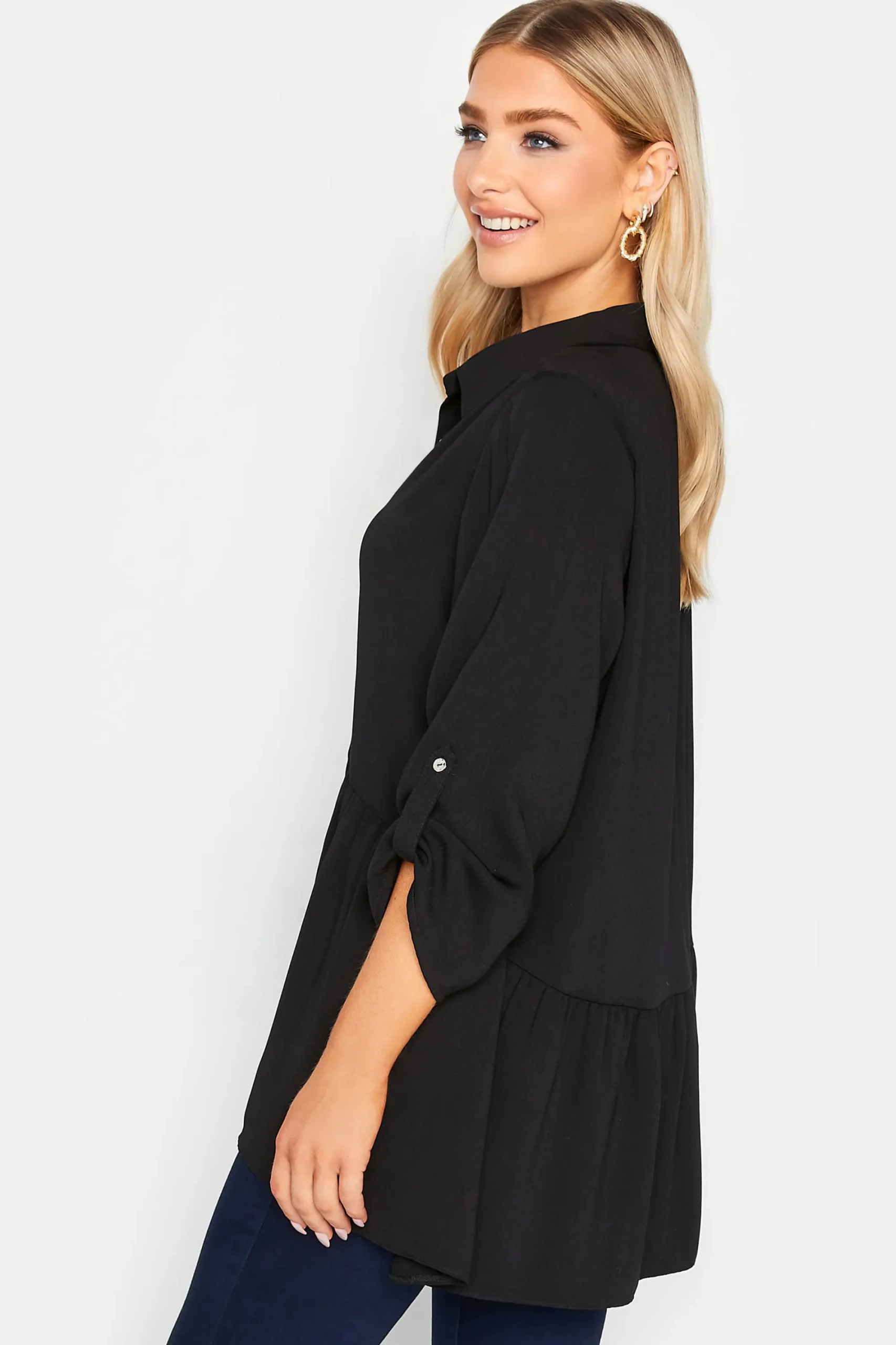 M&Co Womens Black Frill Hem Tab Sleeve Shirt>Women Shirts