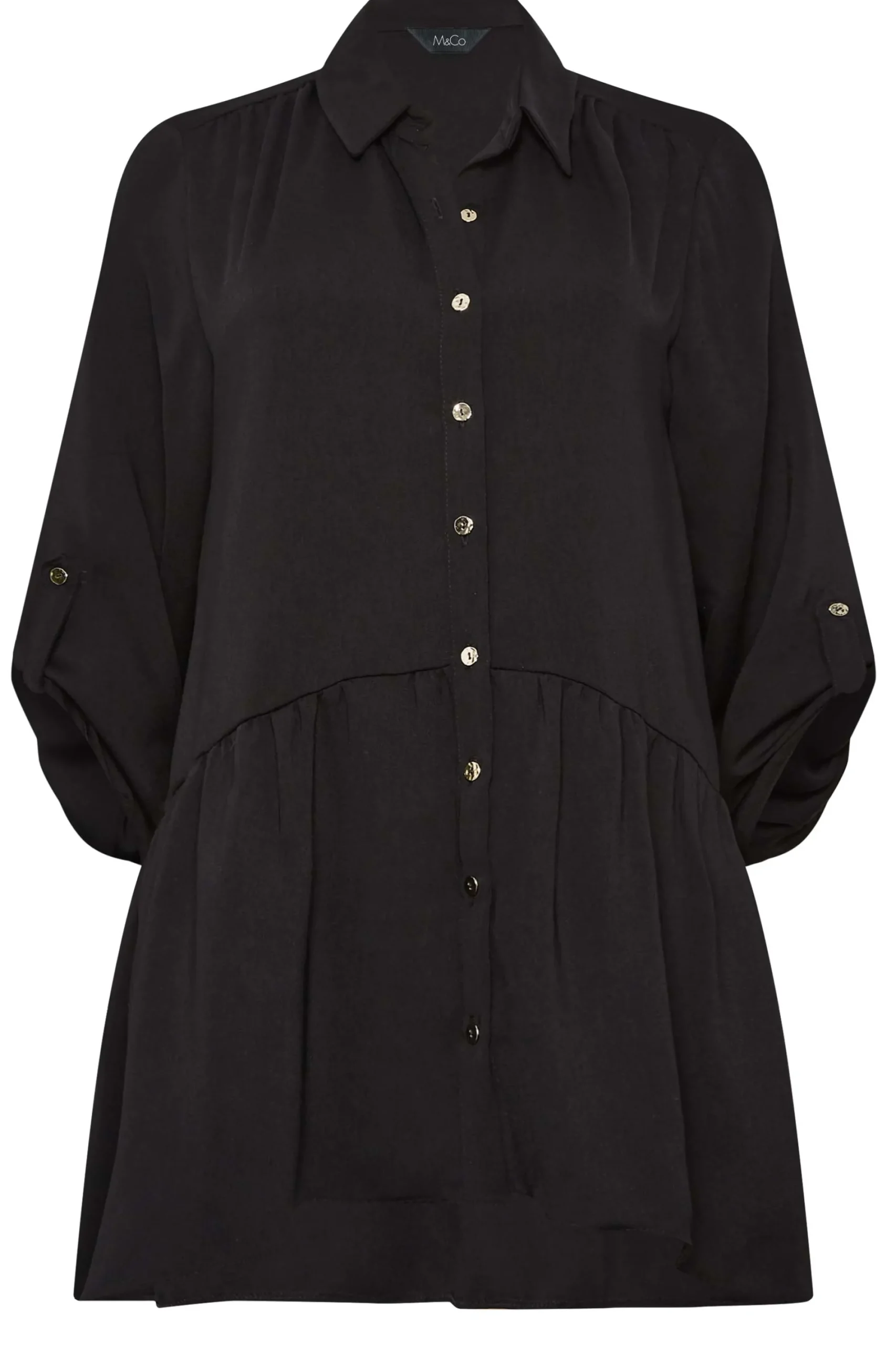 M&Co Womens Black Frill Hem Tab Sleeve Shirt>Women Shirts