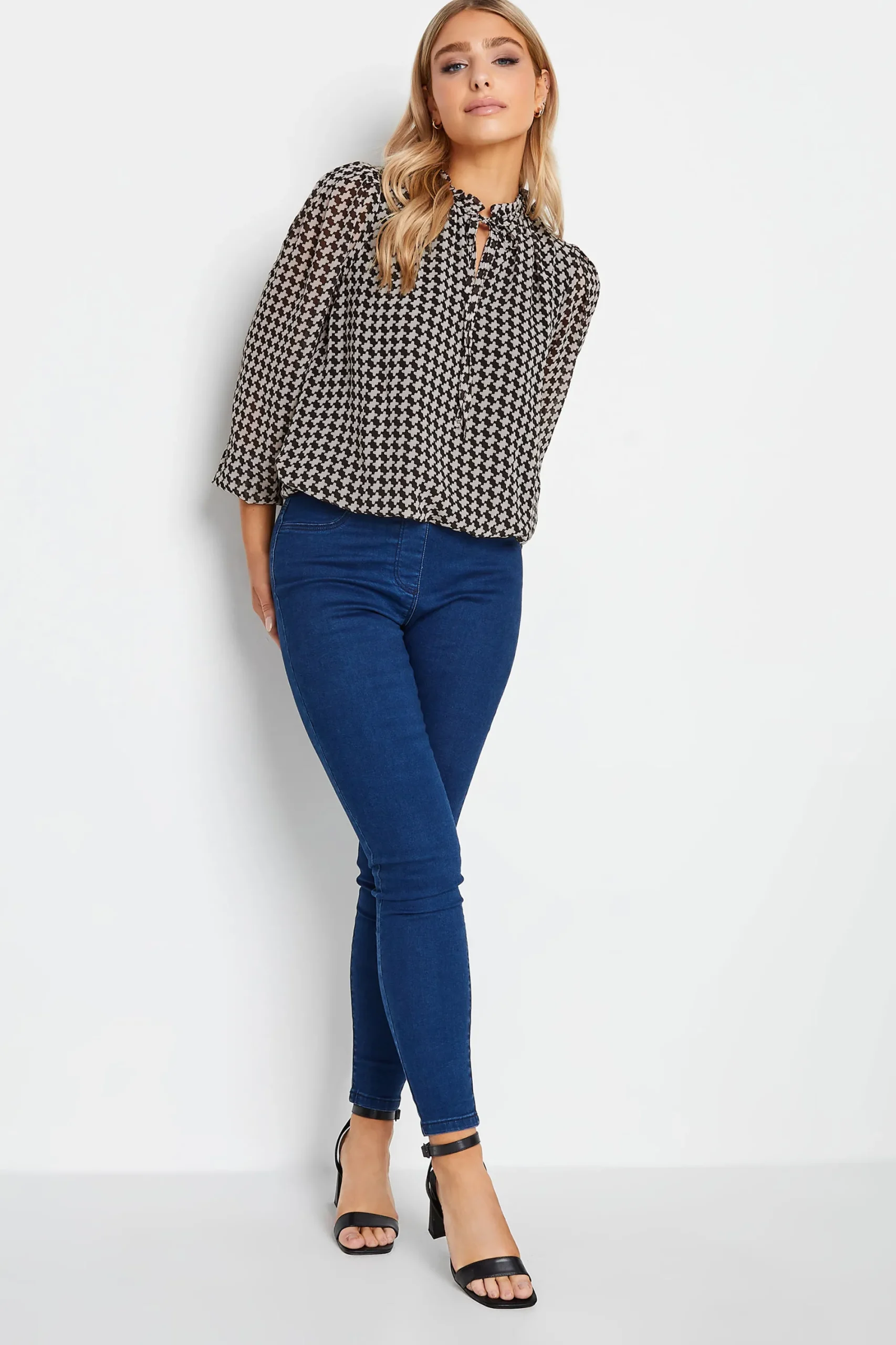 M&Co Womens Black Geometric Print Tie Neck Blouse>Women Long Sleeve Tops