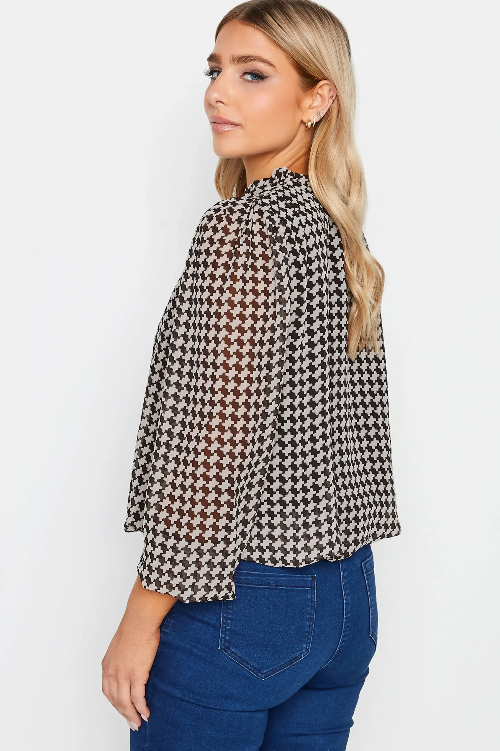 M&Co Womens Black Geometric Print Tie Neck Blouse>Women Long Sleeve Tops