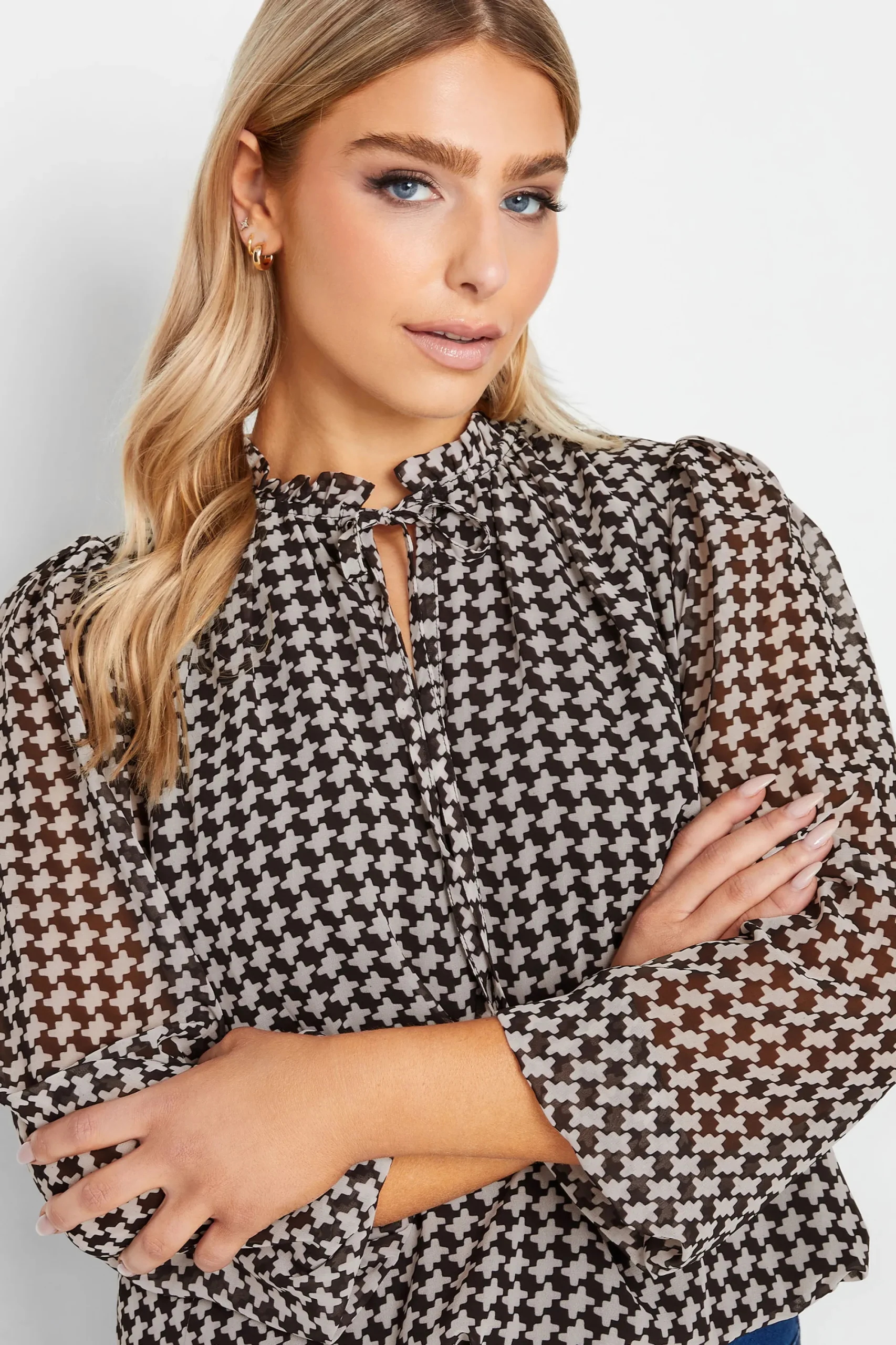 M&Co Womens Black Geometric Print Tie Neck Blouse>Women Long Sleeve Tops