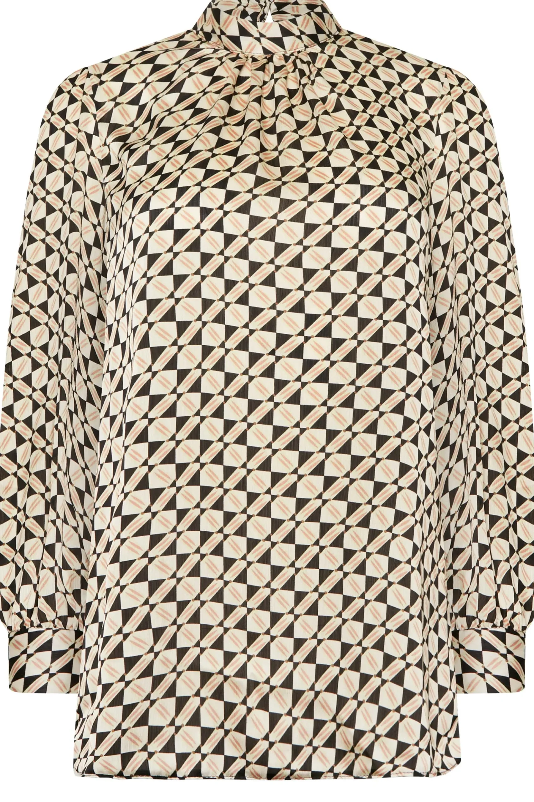 M&Co Womens Black Geometric Print High Neck Satin Blouse>Women Long Sleeve Tops
