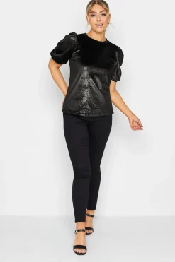 M&Co Womens Black Glitter Velvet Touch Ruched Sleeve Blouse>Women Blouses
