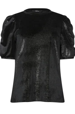 M&Co Womens Black Glitter Velvet Touch Ruched Sleeve Blouse><noscript><img width=