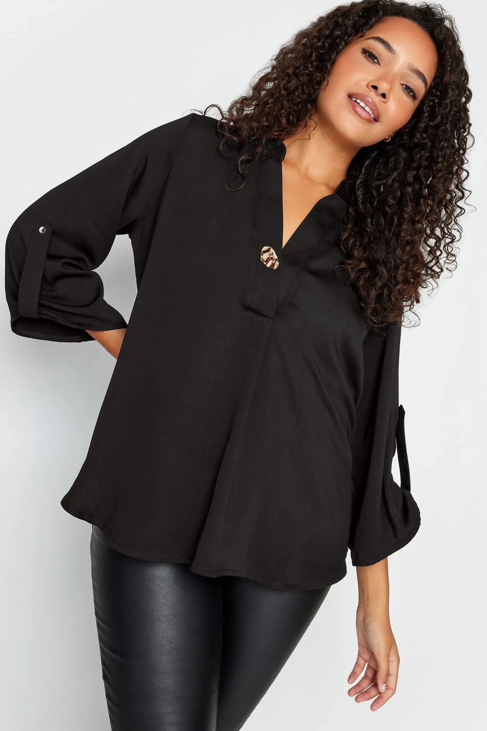 M&Co Womens Black Gold Statement Button Tab Sleeve Shirt>Women Shirts