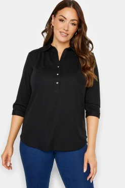 M&Co Womens Black Half Placket Jersey Open Collar Shirt>Women Shirts