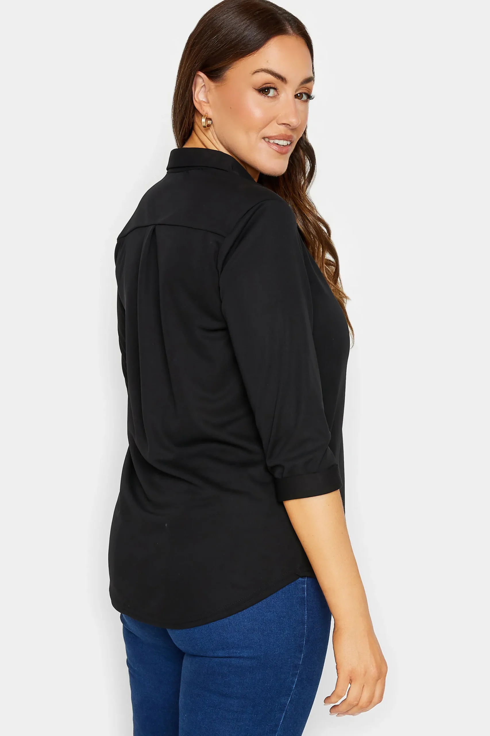 M&Co Womens Black Half Placket Jersey Open Collar Shirt>Women Shirts