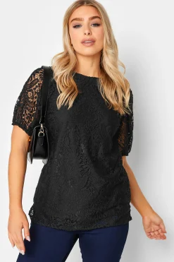 M&Co Womens Black Lace Puff Sleeve Blouse>Women Blouses