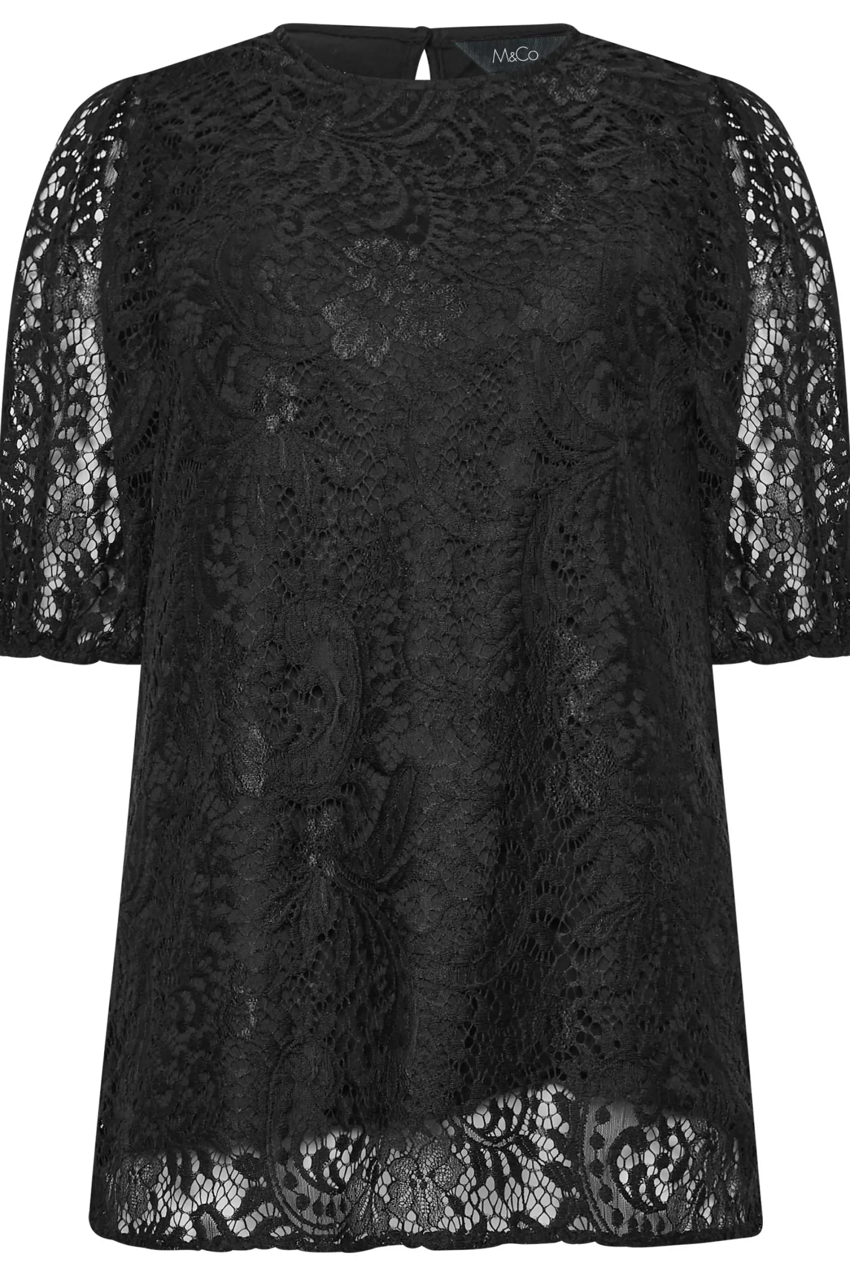 M&Co Womens Black Lace Puff Sleeve Blouse>Women Blouses