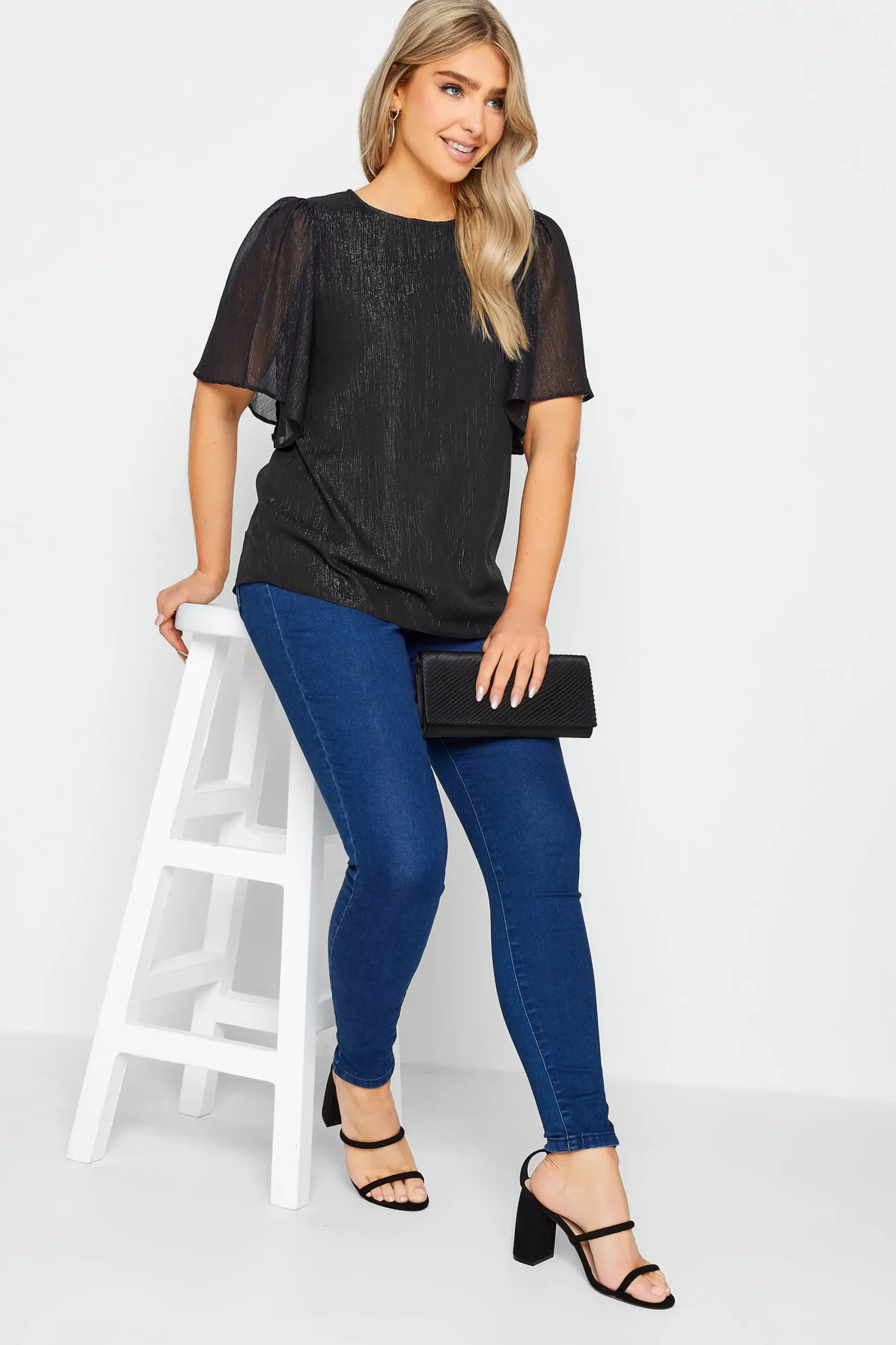 M&Co Womens Black Metallic Angel Sleeve Blouse>Women Shirts