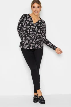 M&Co Womens Black Paisley Print Notch Neck Cotton T-Shirt>Women T-Shirts