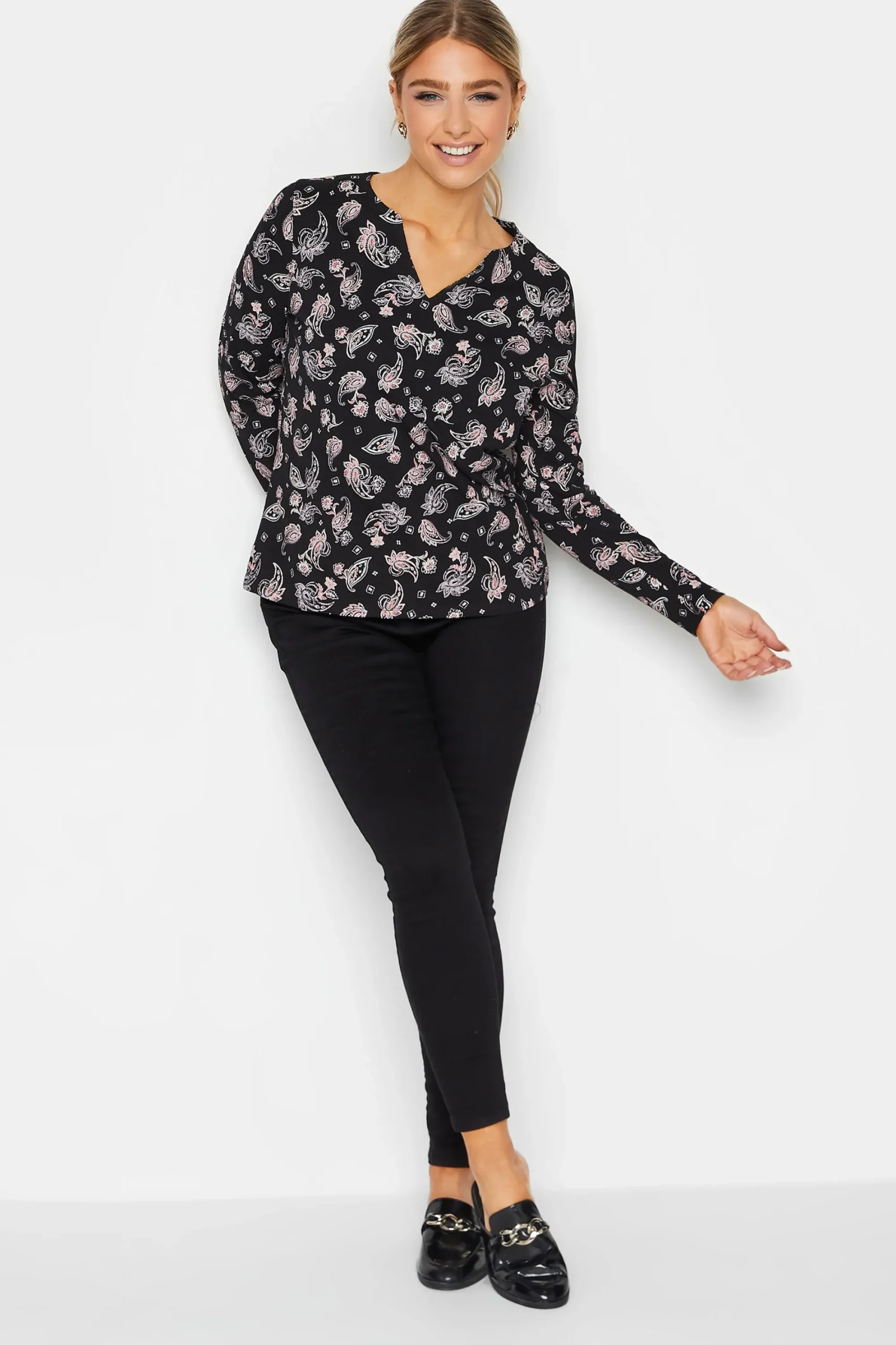 M&Co Womens Black Paisley Print Notch Neck Cotton T-Shirt>Women T-Shirts