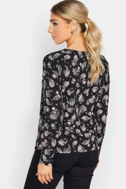 M&Co Womens Black Paisley Print Notch Neck Cotton T-Shirt><noscript><img width=