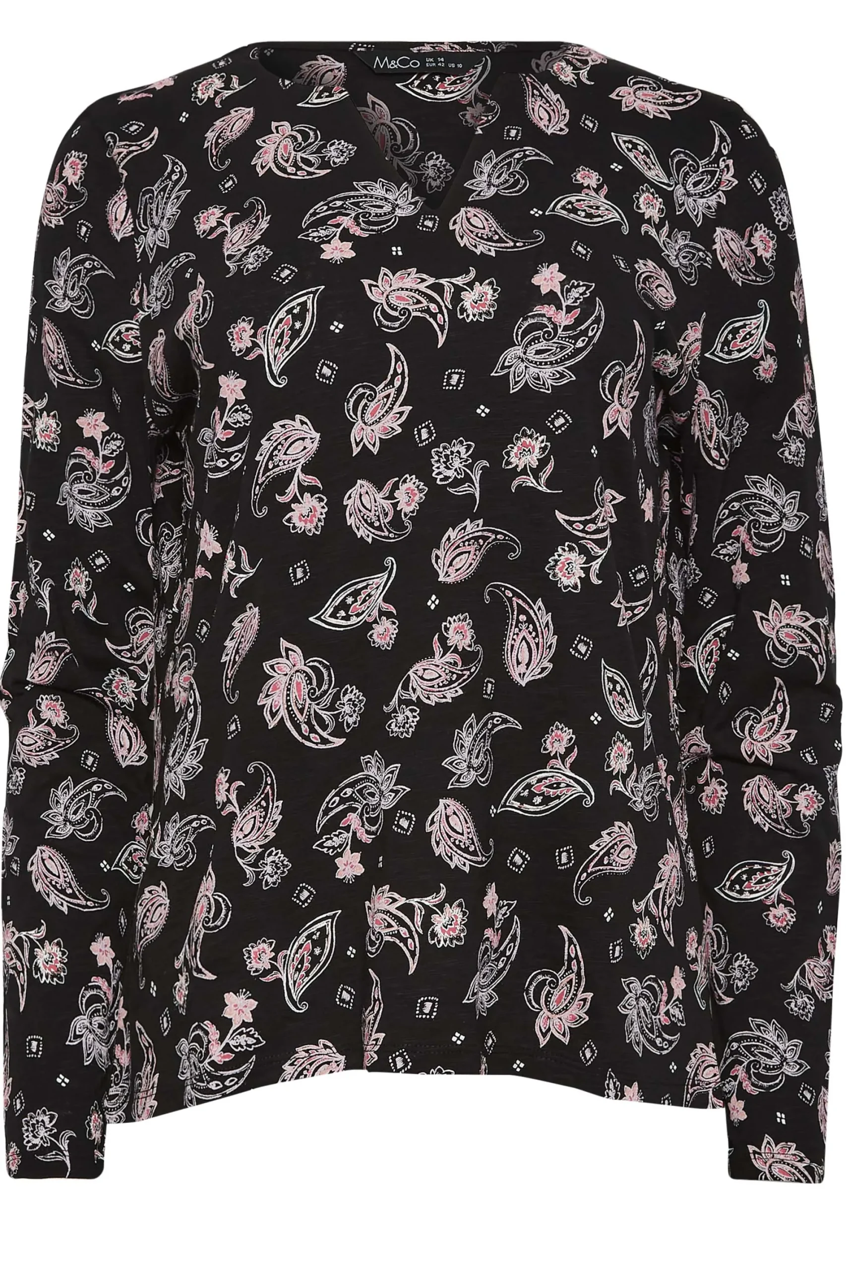 M&Co Womens Black Paisley Print Notch Neck Cotton T-Shirt>Women T-Shirts