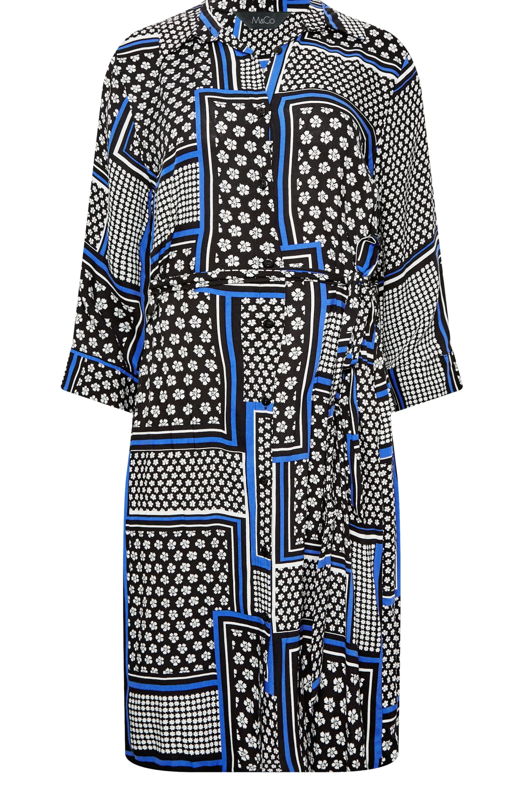 M&Co Womens Black Patchwork Print Belted Tunic Shirt Dress>Women Shirt Dresses