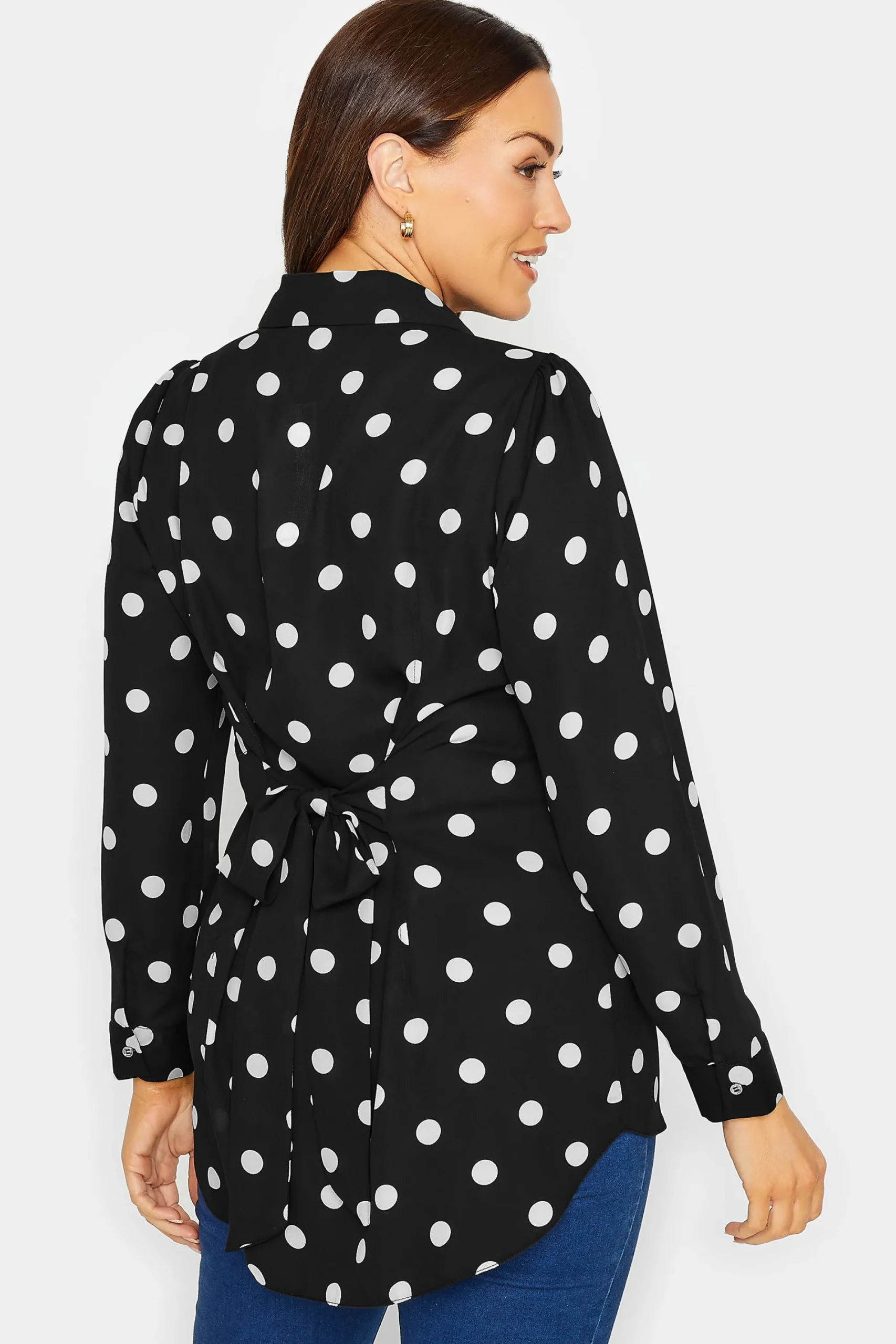 M&Co Womens Black Polka Dot Tie Belt Shirt>Women Shirts