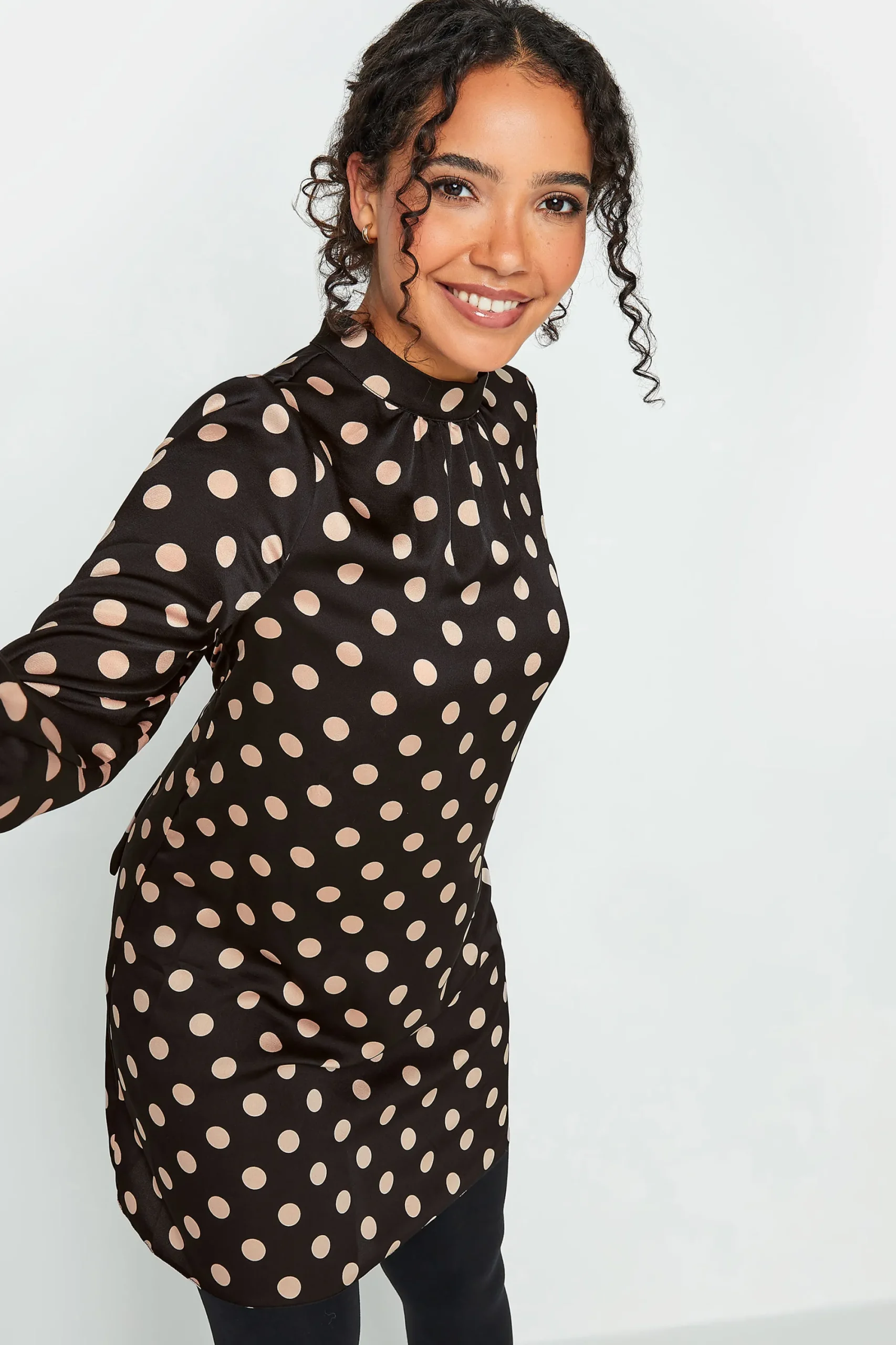 M&Co Womens Black Polka Dot Print High Neck Tunic Blouse>Women Long Sleeve Tops