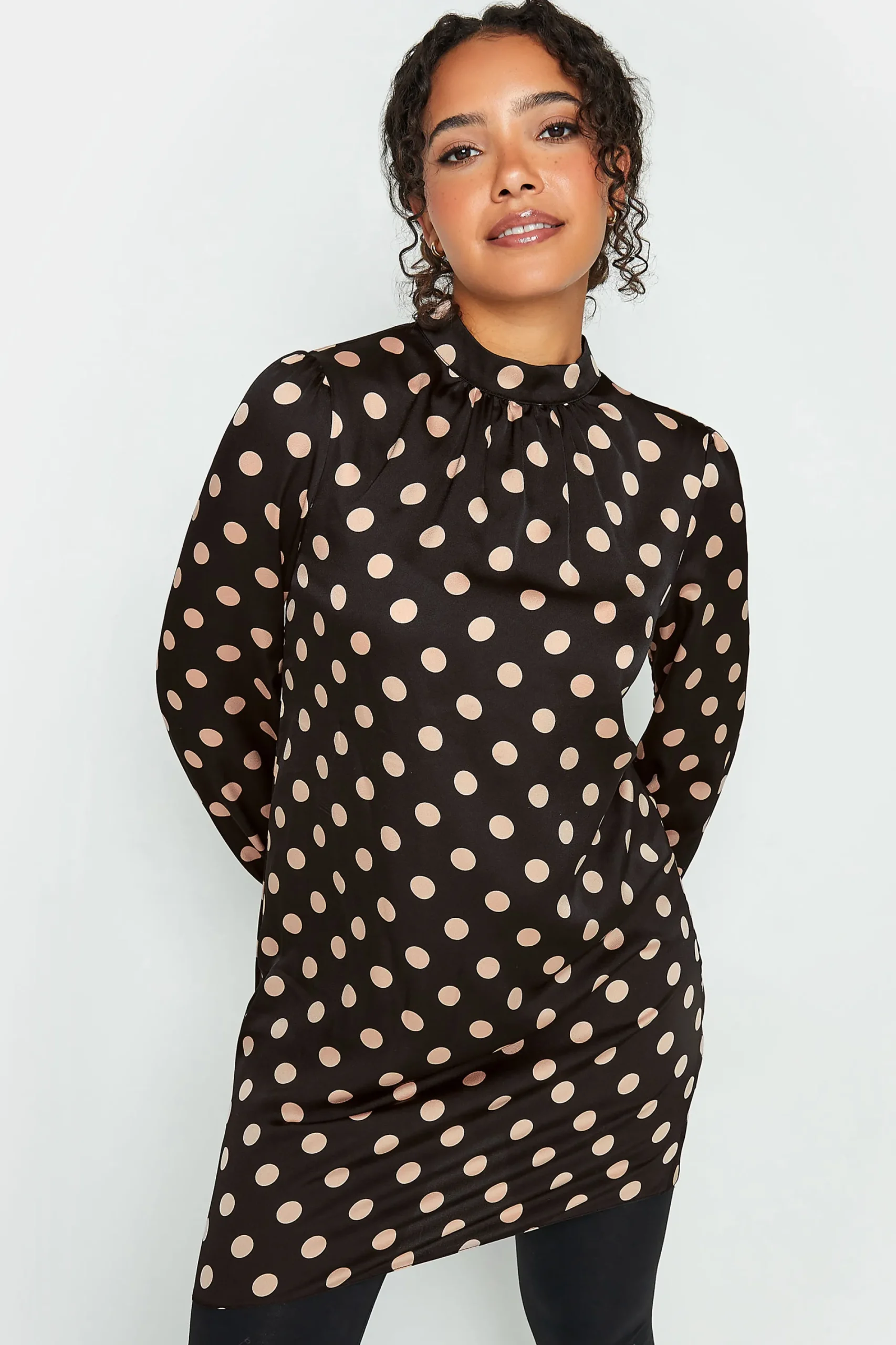 M&Co Womens Black Polka Dot Print High Neck Tunic Blouse>Women Long Sleeve Tops