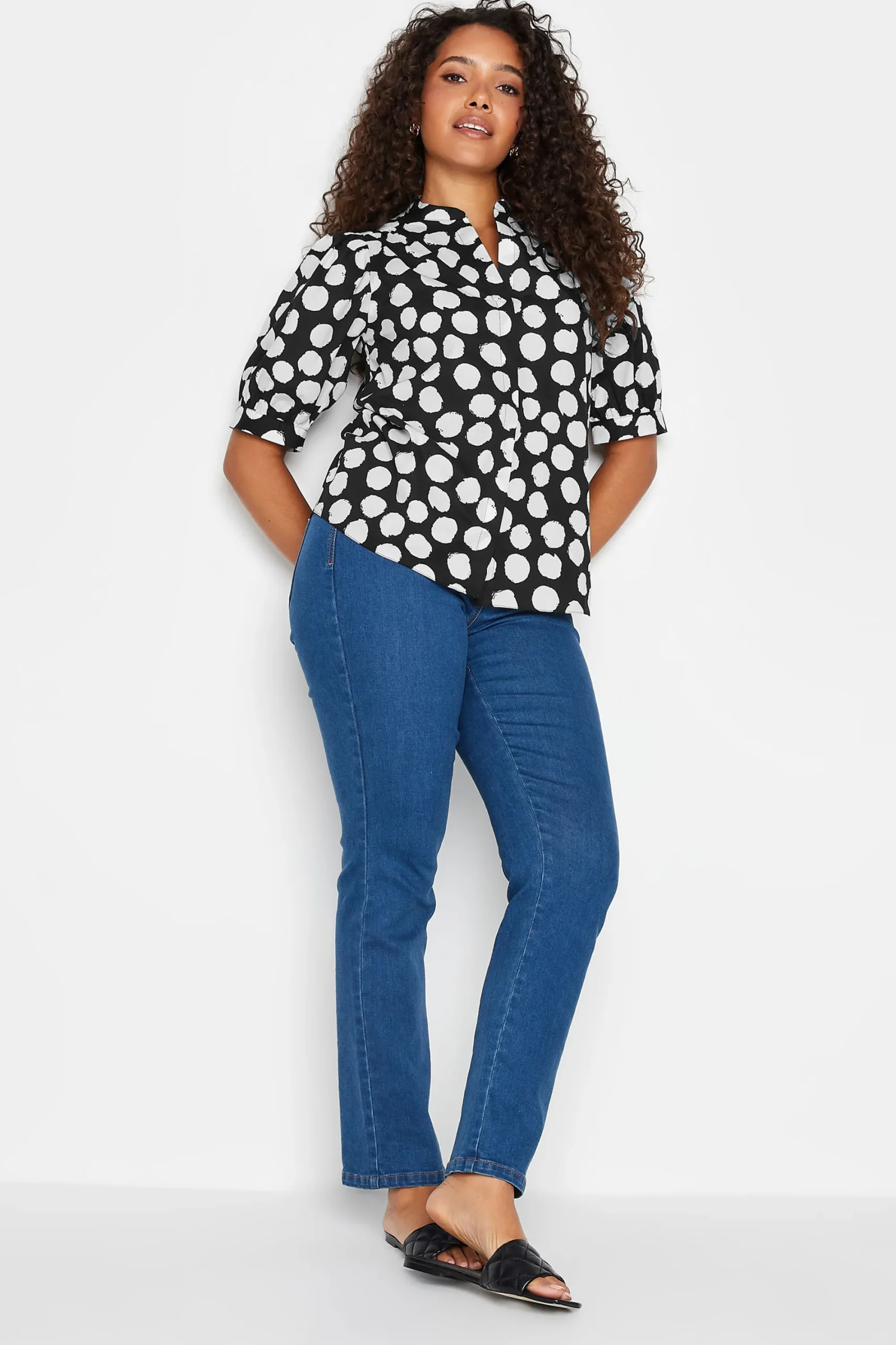 M&Co Womens Black Polka Dot Puff Sleeve Shirt>Women Short Sleeve Tops
