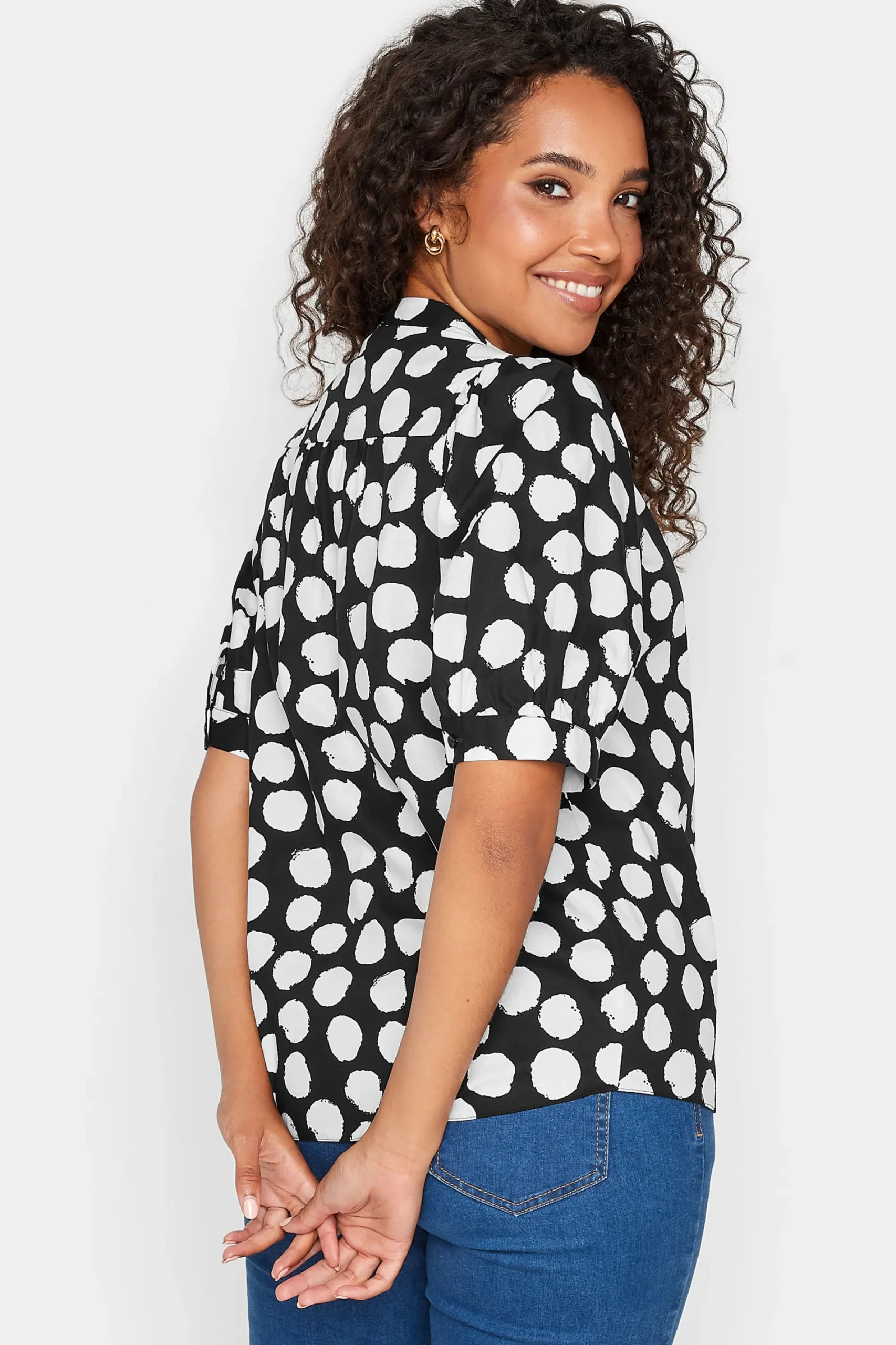 M&Co Womens Black Polka Dot Puff Sleeve Shirt>Women Short Sleeve Tops