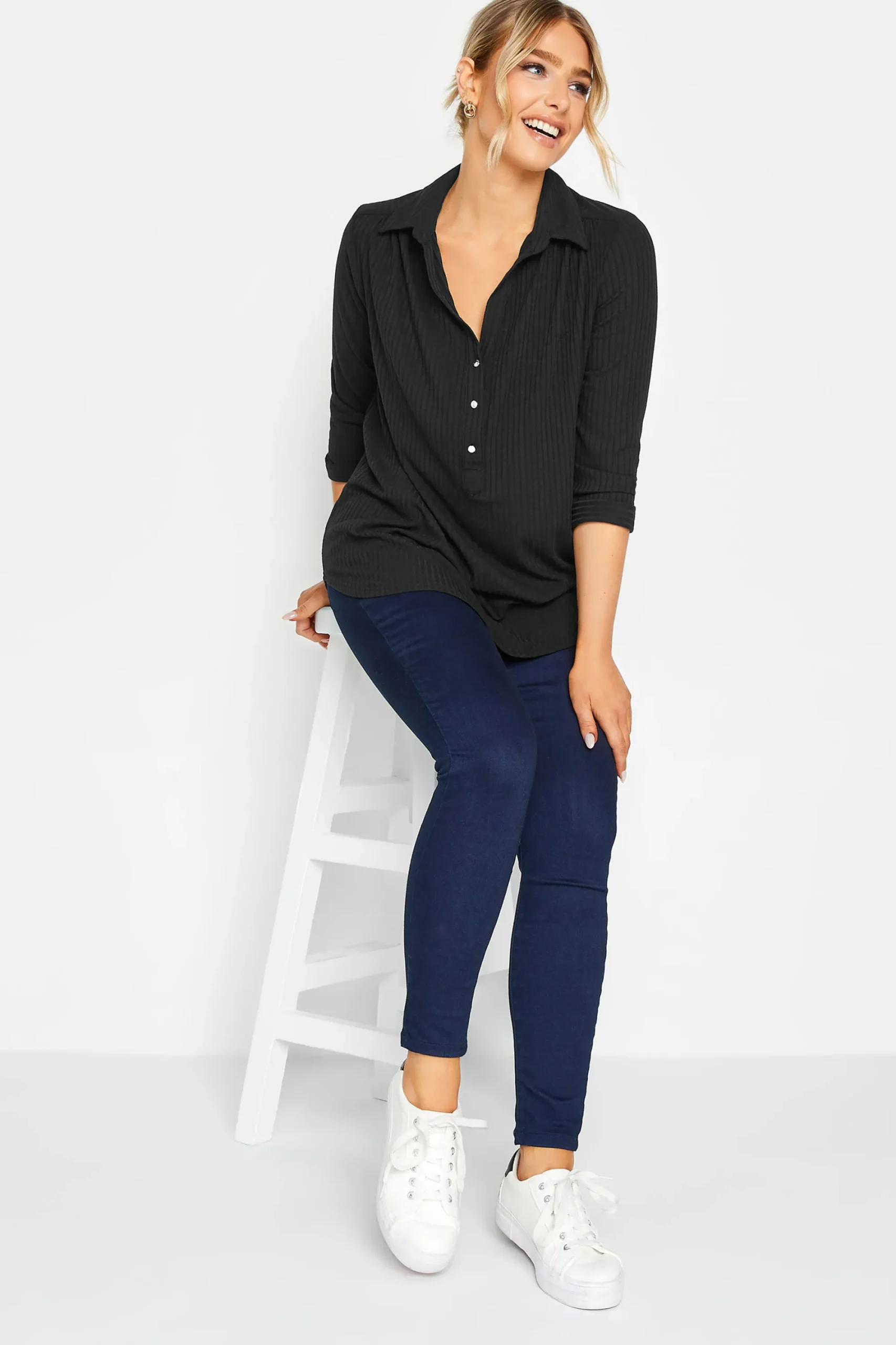 M&Co Womens Black Ribbed V-Neck Shirt>Women Shirts