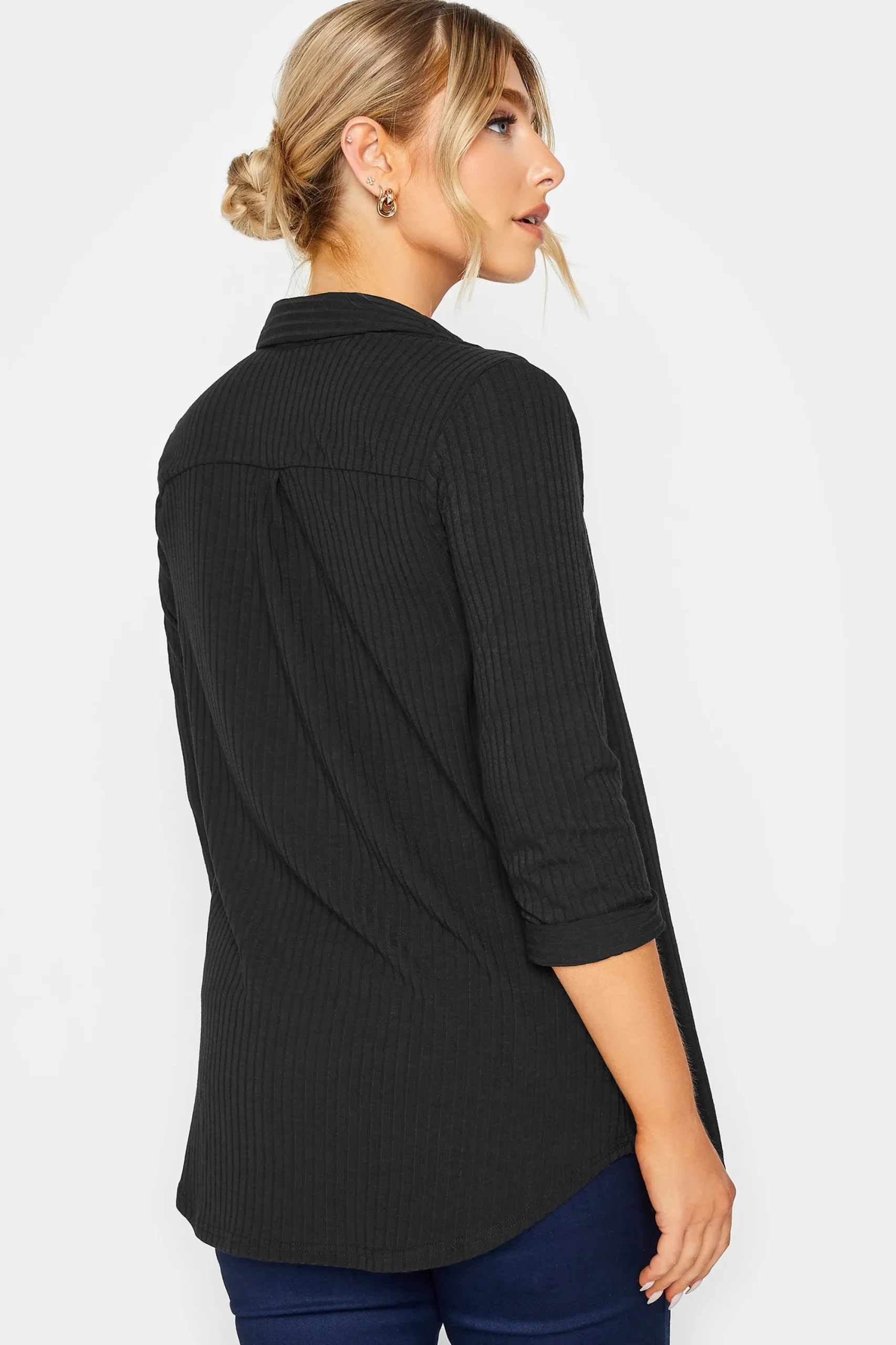 M&Co Womens Black Ribbed V-Neck Shirt>Women Shirts