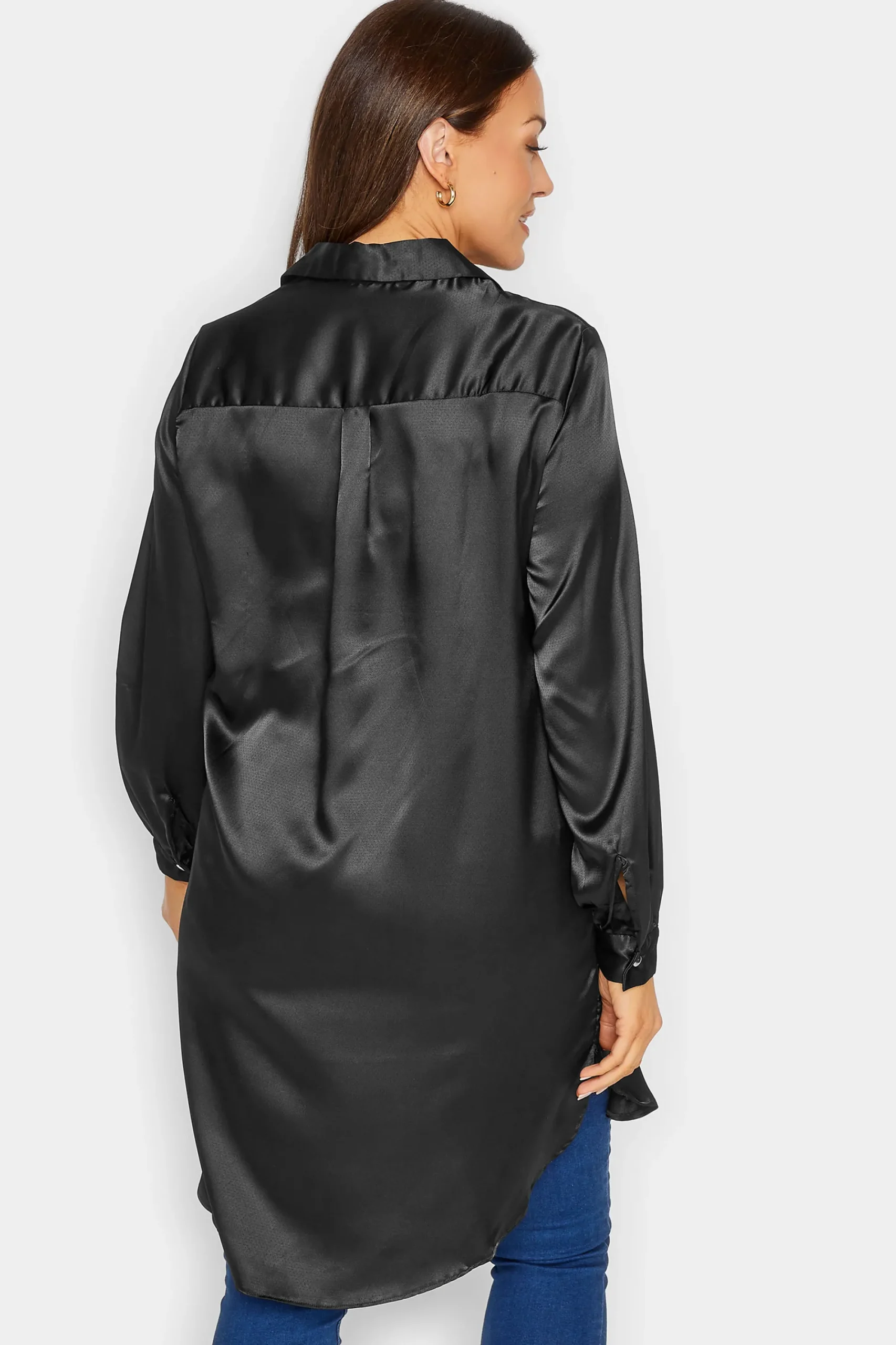 M&Co Womens Black Satin Dipped Hem Shirt>Women Shirts