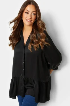 M&Co Womens Black Satin Frill Hem Shirt>Women Shirts