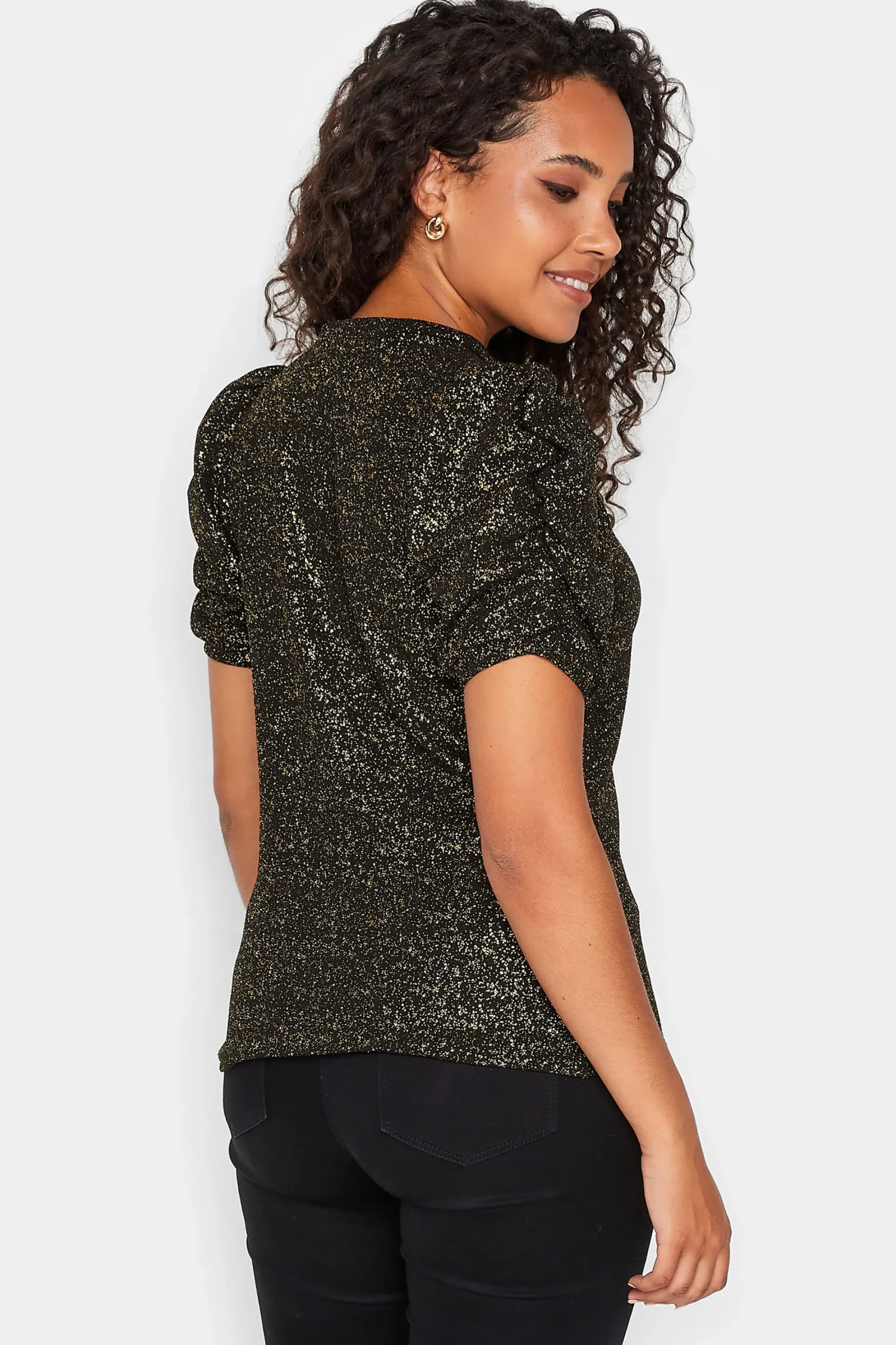 M&Co Womens Black Shimmer Ruched Sleeve Blouse>Women Blouses