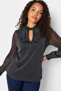 M&Co Womens Black Shimmer Keyhole Blouse>Women Blouses