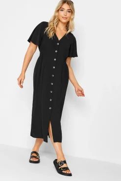 M&Co Womens Black Shirred Waist Button Through Midi Dress>Women Wedding Guest Dresses