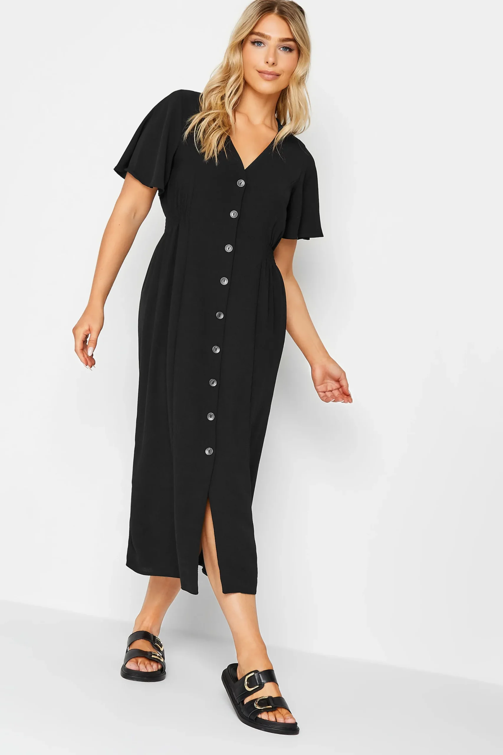 M&Co Womens Black Shirred Waist Button Through Midi Dress>Women Wedding Guest Dresses
