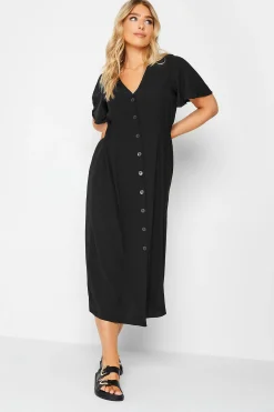 M&Co Womens Black Shirred Waist Button Through Midi Dress>Women Wedding Guest Dresses