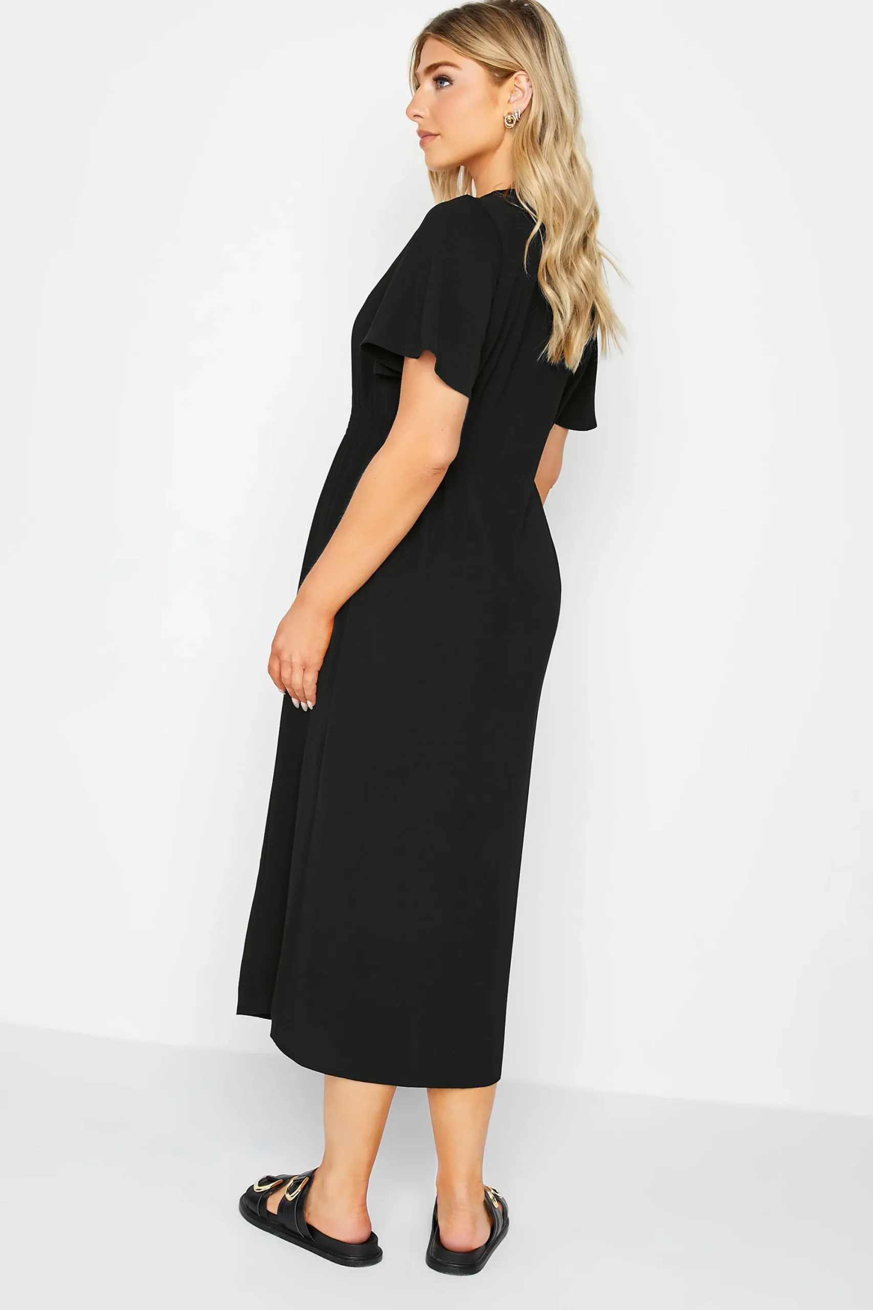 M&Co Womens Black Shirred Waist Button Through Midi Dress>Women Wedding Guest Dresses