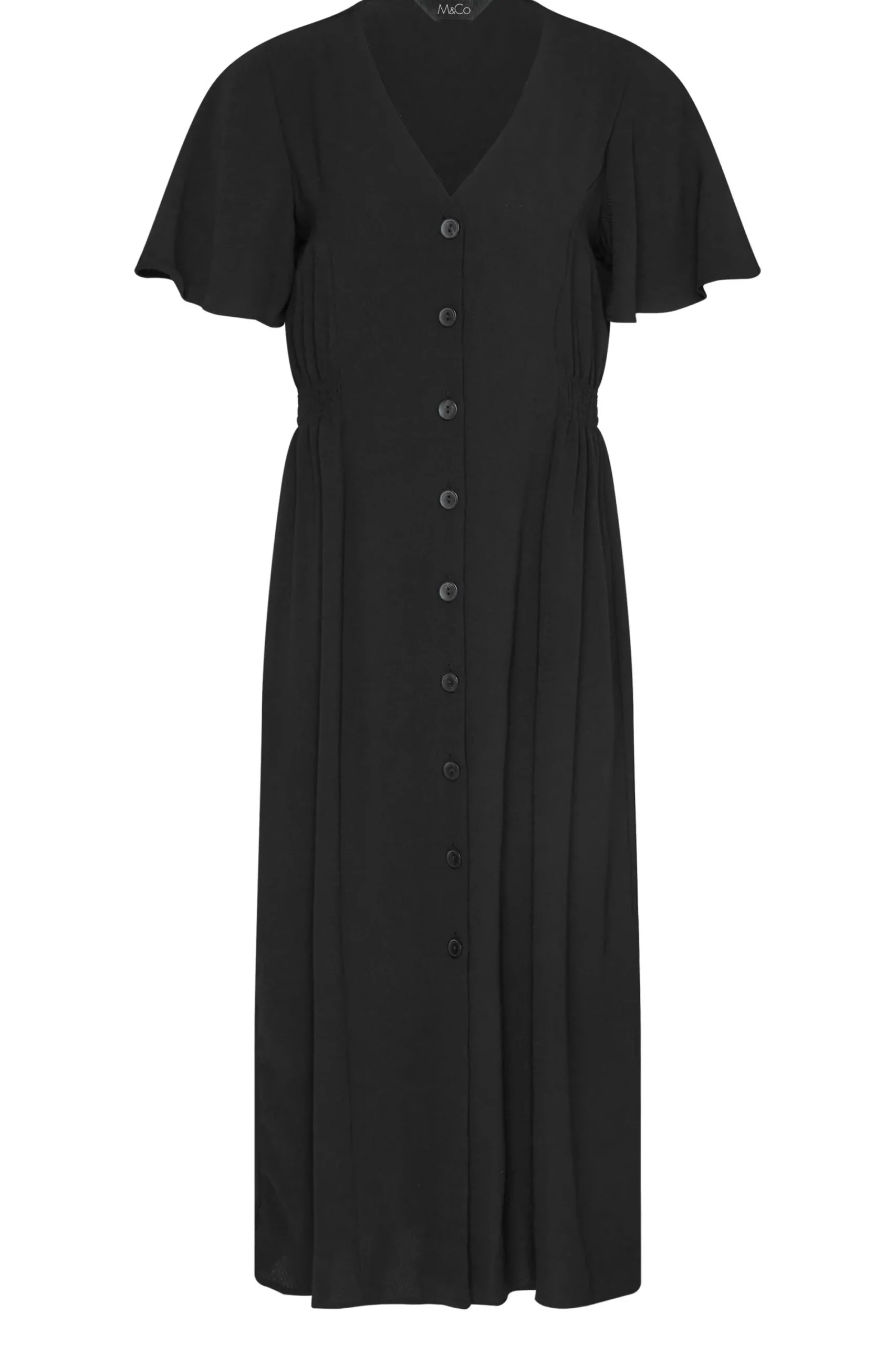 M&Co Womens Black Shirred Waist Button Through Midi Dress>Women Wedding Guest Dresses