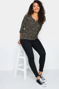 M&Co Womens Black Spot Print Cotton Henley Top>Women Long Sleeve Tops
