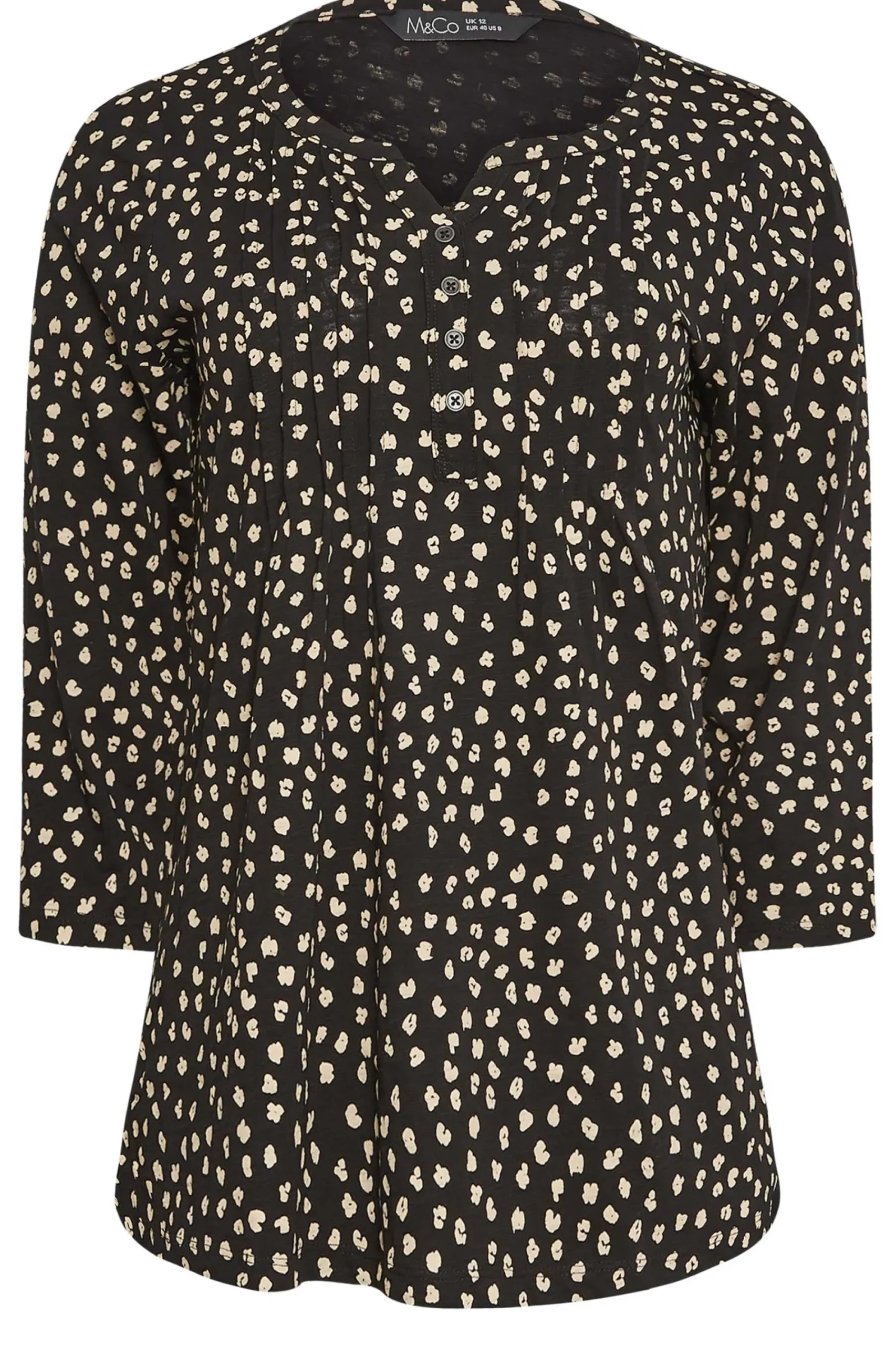 M&Co Womens Black Spot Print Cotton Henley Top>Women Long Sleeve Tops