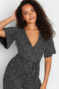 M&Co Womens Black Spot Print Wrap Wide Leg Jumpsuit><noscript><img width=