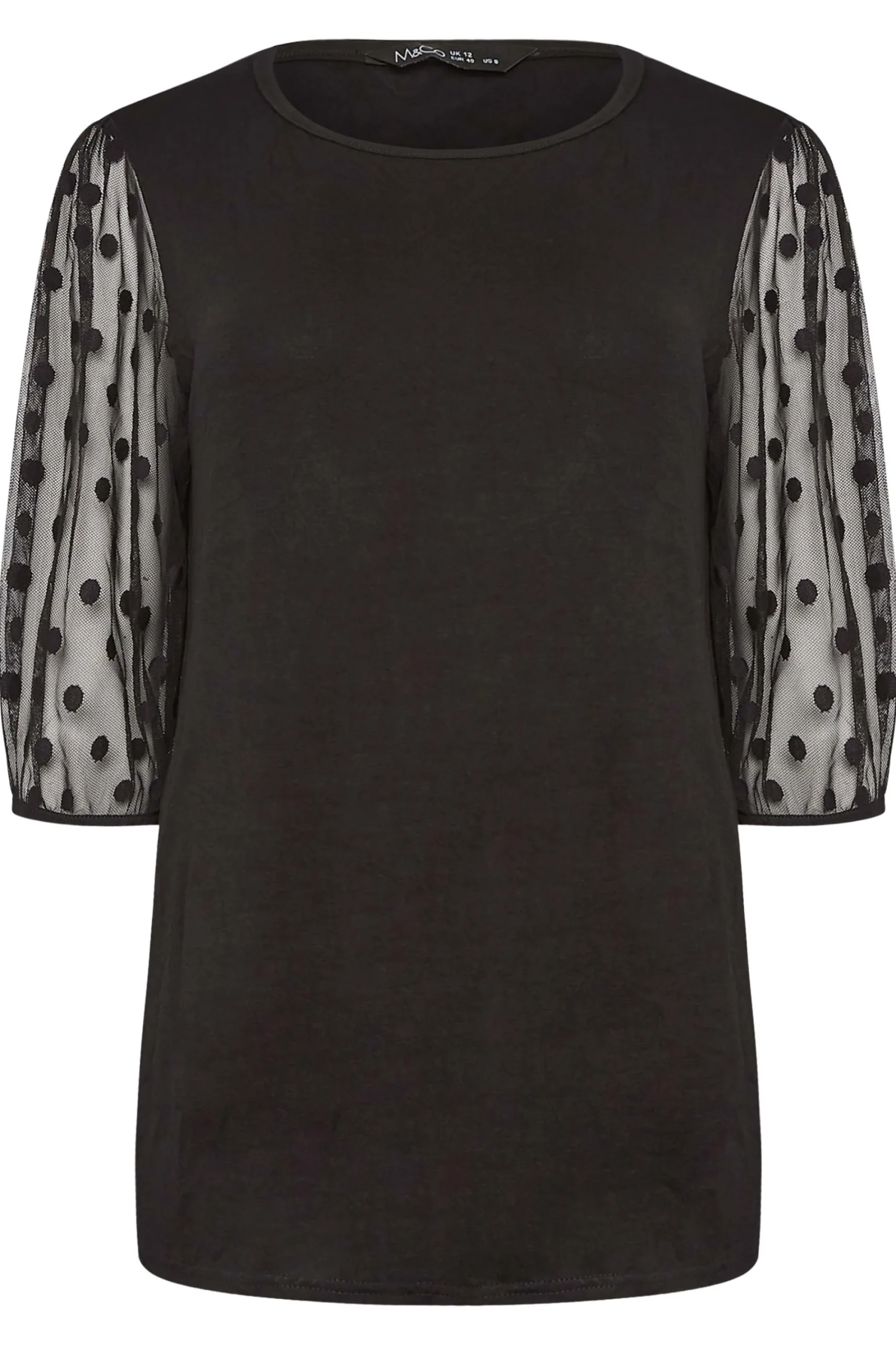 M&Co Womens Black Spot Mesh Sleeve Top>Women Short Sleeve Tops