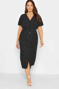 M&Co Womens Black Spot Print Shirred Waist Dress>Women Midi Dresses